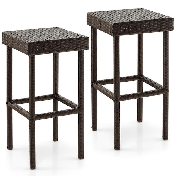 Gymax Patio 2-Pieces Rattan Wicker Outdoor Bar Stool Chairs Counter Height Barstools