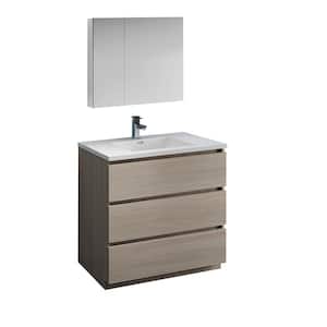 Lazzaro 36 in. Modern Bathroom Vanity in Gray Wood with Vanity Top in White with White Basin and Medicine Cabinet