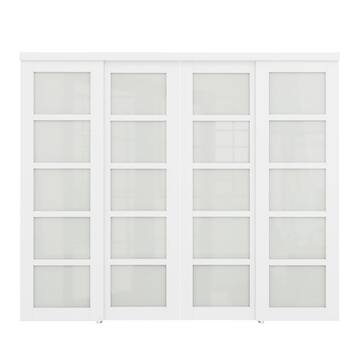 96 in. x 80 in. 5-Lite White Tempered Frosted Glass Closet Sliding Door with Hardware