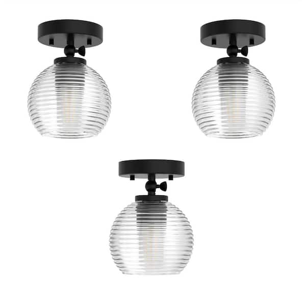 YANSUN 5 in. 1-Light Black Semi-Flush Mount Ceiling Light w/ Glass Shade, Convertible to Pendant Light and Wall Sconce (3-Pack)