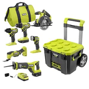 ONE+ 18V Cordless 6-Tool Combo Kit with 1.5 Ah Battery, 4.0 Ah Battery, Charger, and LINK Rolling Tool Box