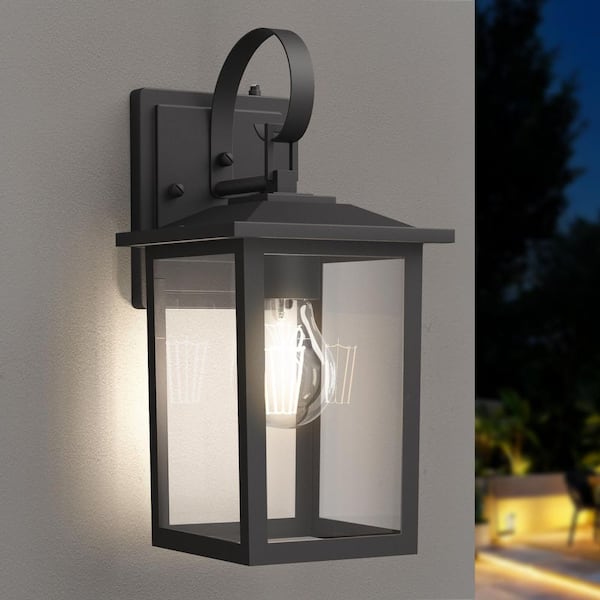 Hawaii 12.5 in. 1-Light Black Modern Lantern Aluminum Dusk to Dawn Hardwired Outdoor Sconce No Bulb Included