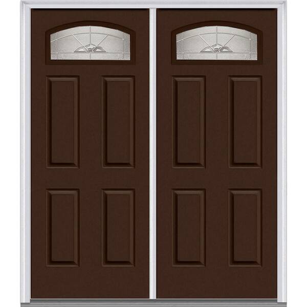 MMI Door 72 in. x 80 in. Master Nouveau Left-Hand Inswing Cambertop Decorative Glass 4-Panel Painted Steel Prehung Front Door