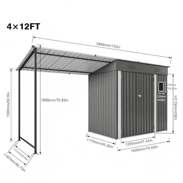 t.a.b.o.o_sho.ページ 4 ft. W x 12 ft. D Gray 2-in-1 Metal Outdoor Storage Shed