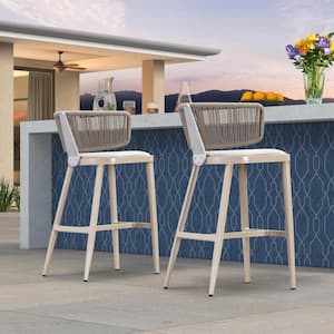 Modern Aluminum Outdoor Bar Stool Magnalium Button Rope Kelley Patio Bar Stool with Backrest and Cushion (Set of 2)