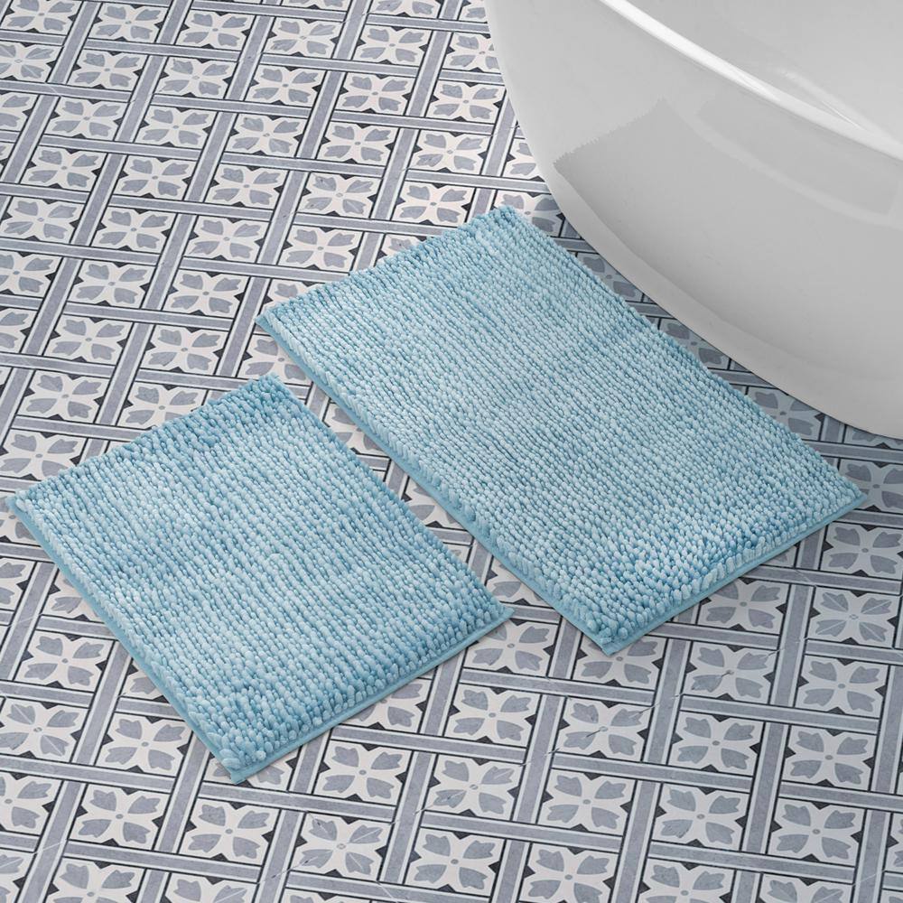 Aqua Blue Chenille Non-Slip 2-Piece Bath Rug Set