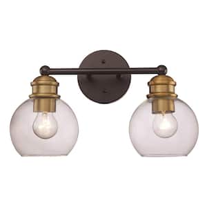 16 in. 2-Light Black and Antique Gold Bathroom Vanity Light Fixture with Clear Glass Shades
