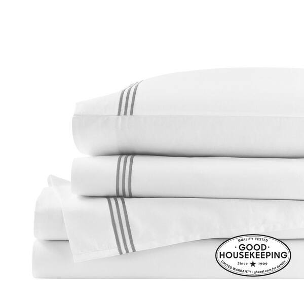 Home Decorators Collection 300 Thread Count Cotton White and Stone Gray Hotel Embroidered Border 4-Piece Queen Sheet Set