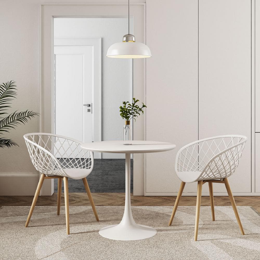 Modern White & Natural Wood Contoured Arm Chair, Set of 2