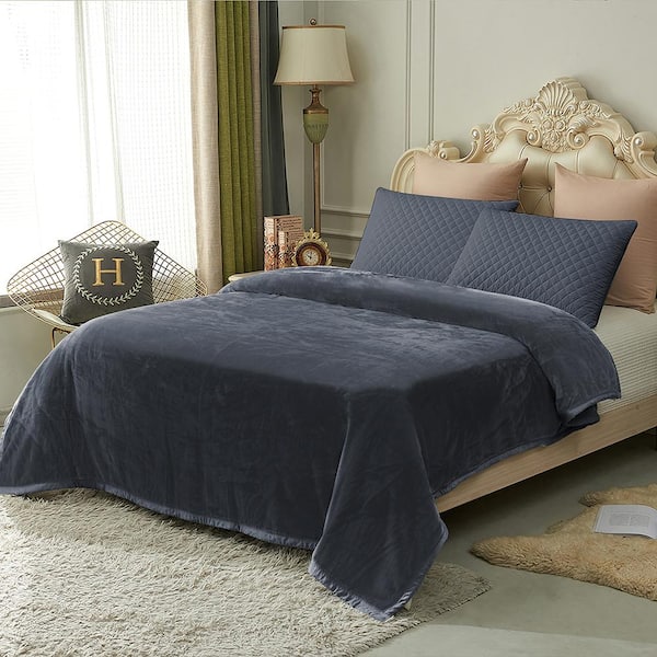 JML Dark Gray Reversible Microfiber Fleece Blanket 87 in. x 95 in. Fuzzy Cozy Bed Blanket for Couch Camping
