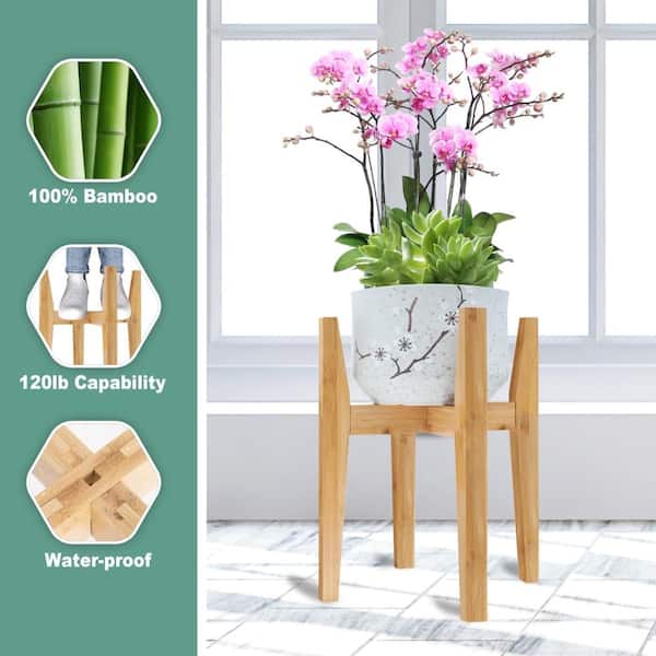 8-12 in. Adjustable Bamboo Plant Stand Mid-Century Style Natural 1
