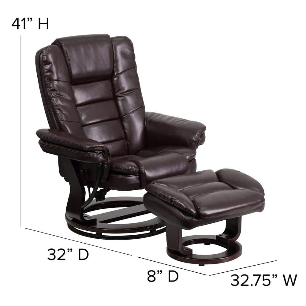 Brown Leather Swivel Recliner with Ottoman and Wood Base