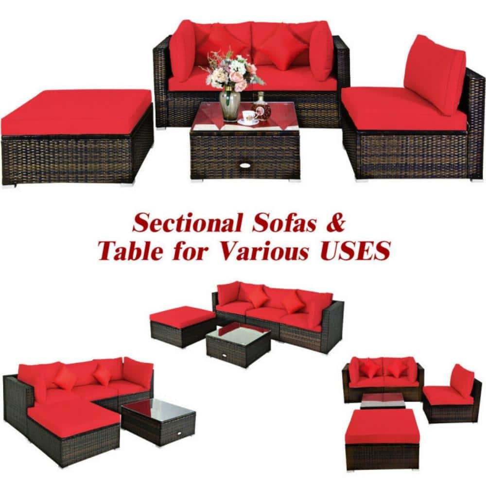 5-Piece Red Cushioned Rattan Patio Furniture Set with Ottoman