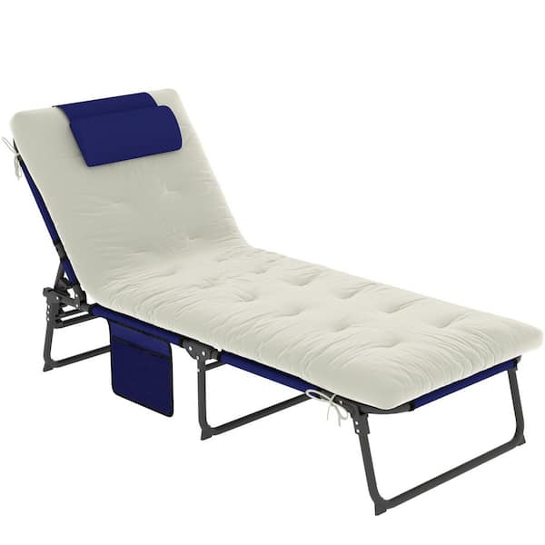 Folding Chaise Lounge White 1-Piece Metal Outdoor Chaise Lounge with CushionGuard Gray Cushions, Navy Blue