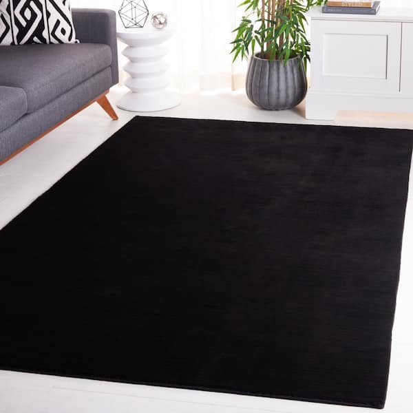 Faux Rabbit Black Fur Doormat 3 ft. x 5 ft. Solid Flokati Area Rug