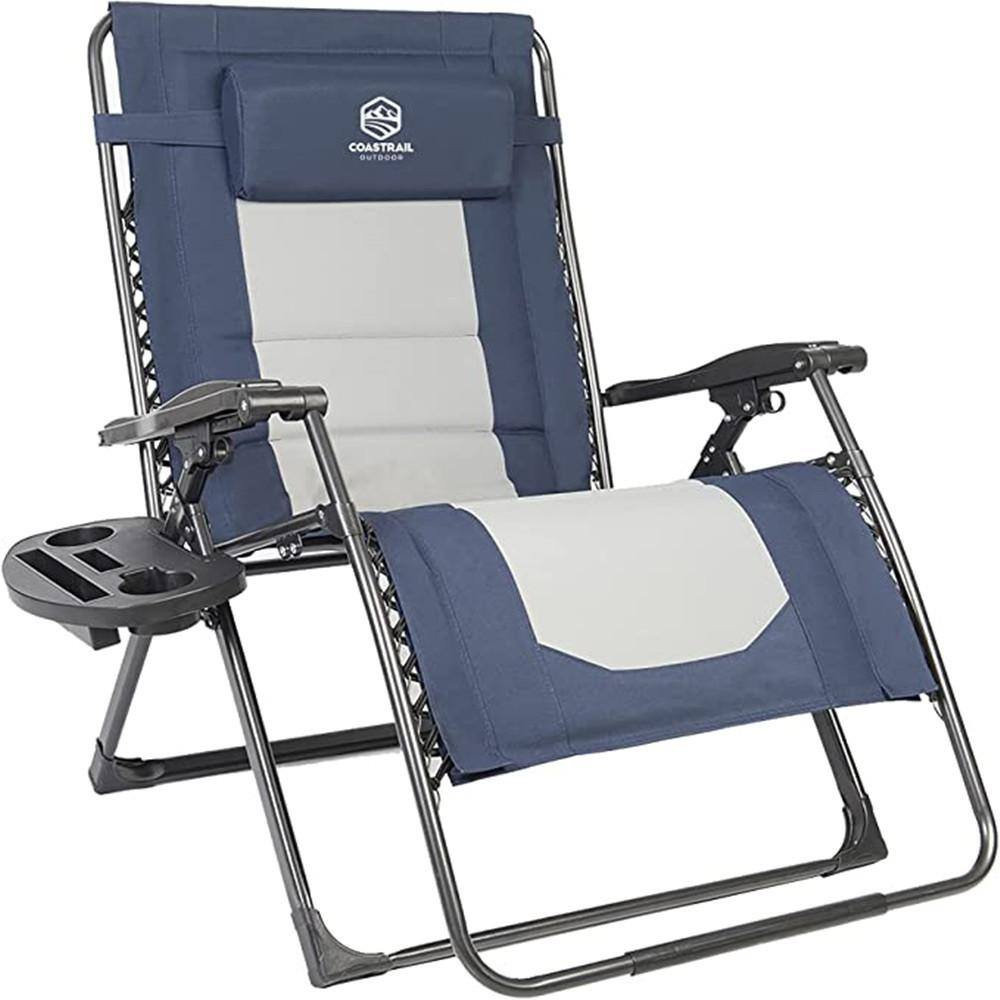 Outdoor Folding 0-Gravity Navy Blue and Gray Lounge Chair with Wood Armrest
