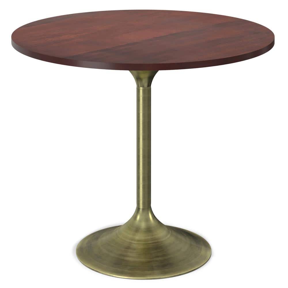 Radford Round Walnut Wood and Antique Brass Pedestal Dining Table