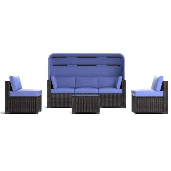 homfan Patio Sectional Brown Wicker 6-Piece, Outdoor Sectional Set, with Cushion in Blue, Coffee Table