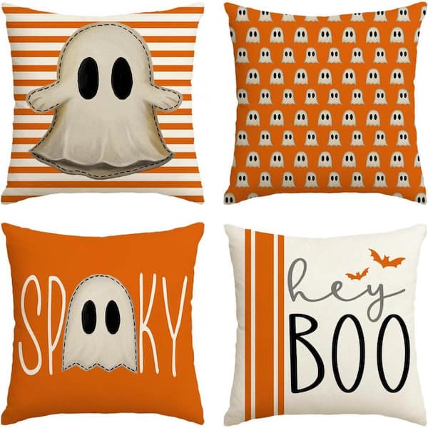 Halloween Cute Ghost Spooky Throw Pillow Covers, Horror Scary Polyester Cushion Case for Sofa Couch Set of 4
