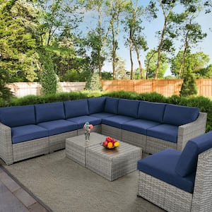 10-Piece Wicker Patio Conversation Set with Blue Cushions