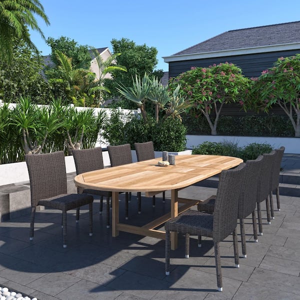Osborne 9-Piece 100% FSC Teak/Wicker Double Extendable Oval Patio Dining Set