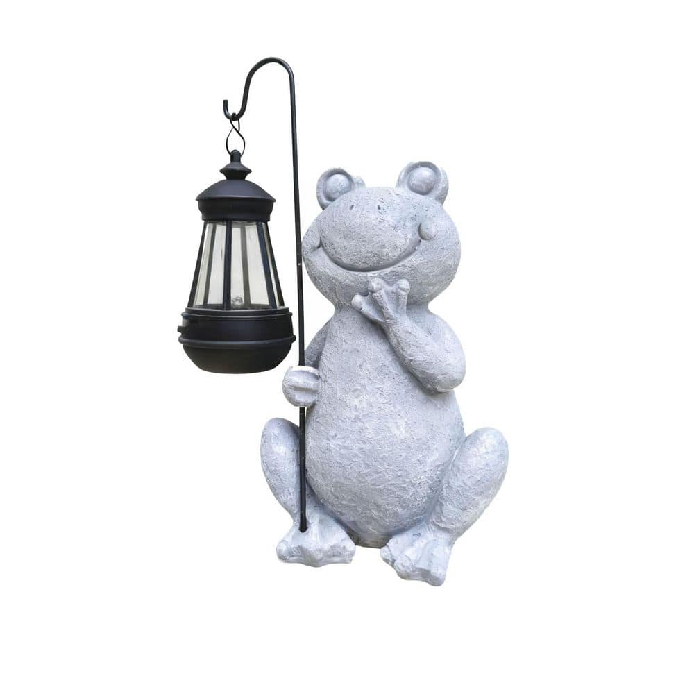 6 in. x 9 in. Gray Resin Frog Solar Garden Statue with Solar