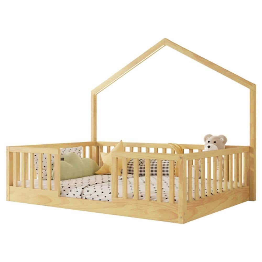 Natural Wood Frame Full Platform Bed with High Rails and LED Light for Kids durable construction