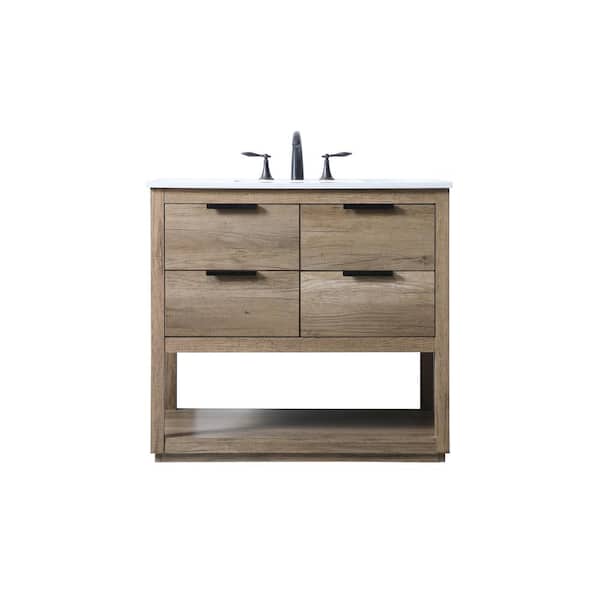 36 in. W x 22 in. D x 34 in. H Bath Vanity in Natural Oak with White Engineered Marble Top