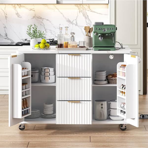 Cesicia Farmhouse White Wood 55.5 in. Power Outlet Drop Leaf Rolling Fluted Kitchen Storage Island with Adjustable Shelves