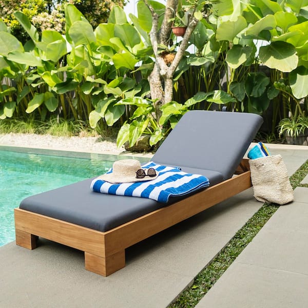 Palou Premium Indonesia Teak Wood Outdoor Chaise Lounge with Gray Padded Seat Cushion - Free Patio Cover