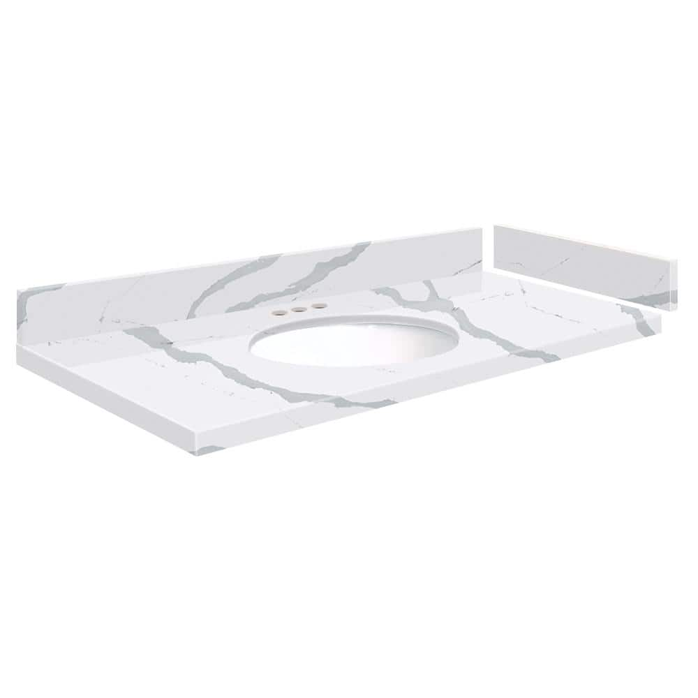 Silestone 37.25 in. W. x 22.25 in. D Qt. White Round Single Sink Vanity Top in Bianco Calacatta -  Transolid, 608197283000