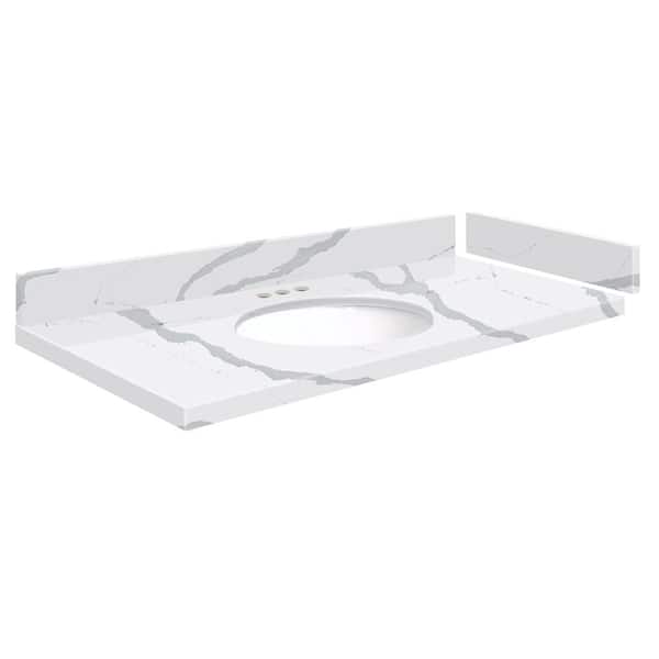 Transolid Silestone 37 in. W. x 22.25 in. D Qt. White Round Single Sink Vanity Top in Bianco Calacatta