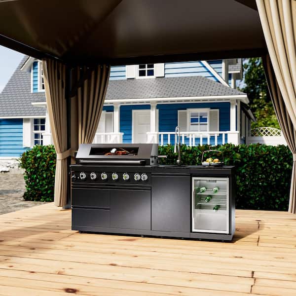 Deluxe 6-Burner Propane Gas Grill Island Outdoor Kitchen with Rotisserie kit Refrigerator Sink in Stainless Steel