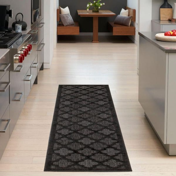 Easy Care Charcoal Black 2 ft. x 8 ft. Trellis Contemporary Runner Area Rug