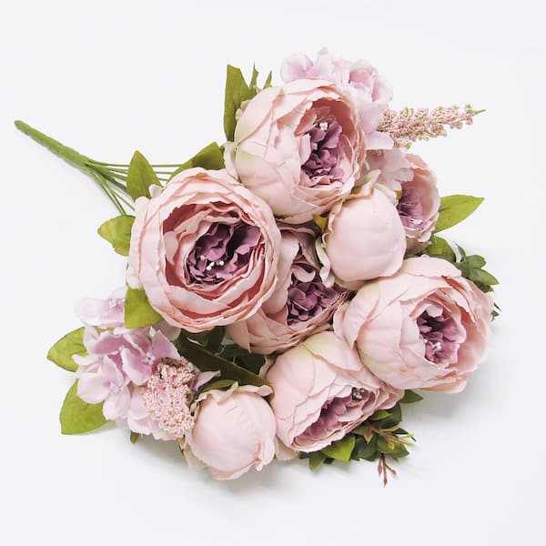 19 in. Pink Mauve Artificial Mixed Peony Hydrangea Flower Stem Bush Bouquet