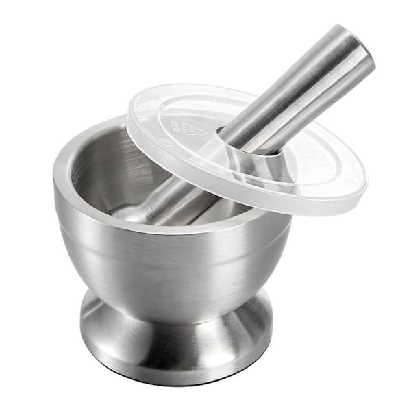 Brushed Stainless Steel Finish Mortar and Pestle Set Non-Skid Base Spice Grinder Pill Crusher Herb Bowl