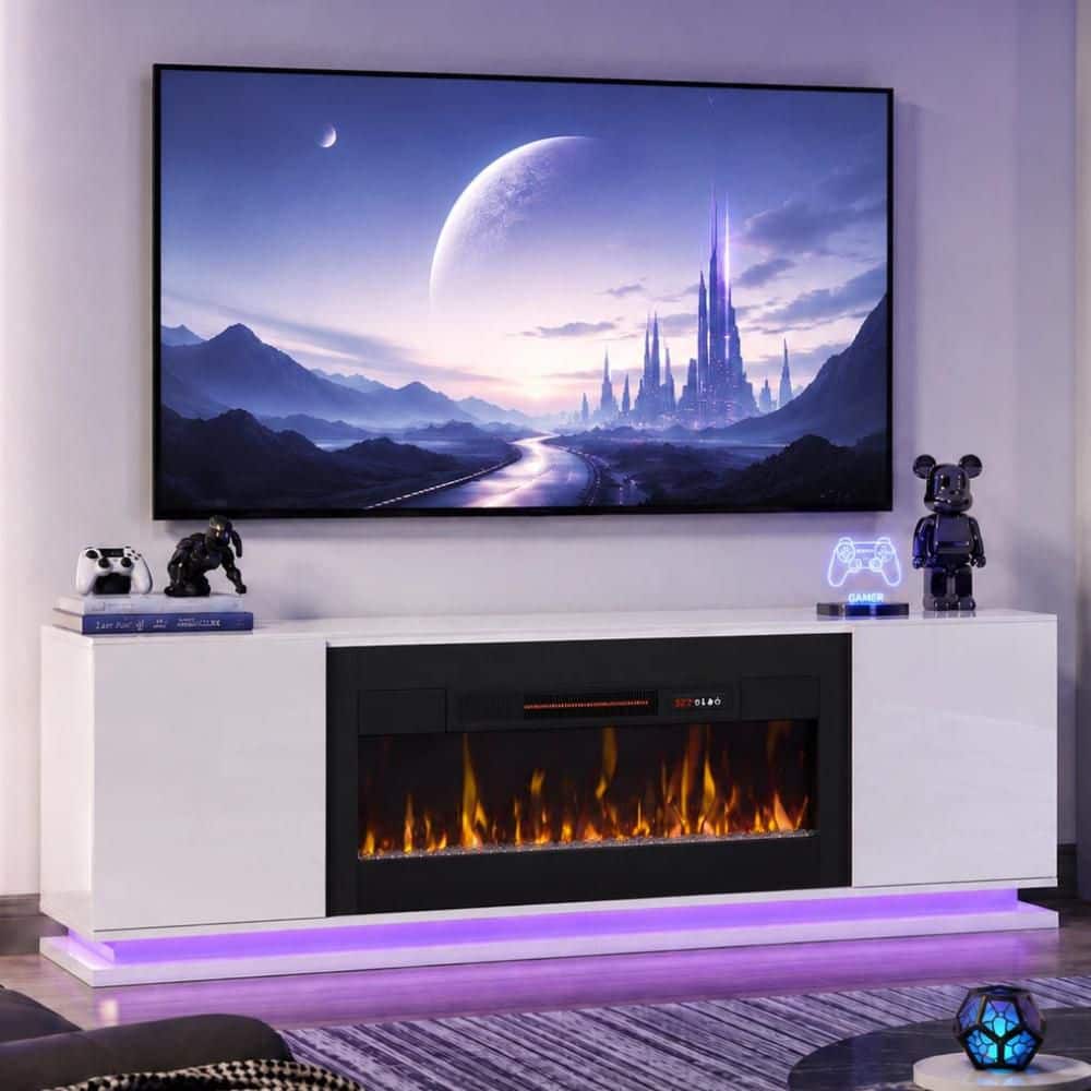 70 in. Freestanding Wood Electric Fireplace TV Stand with LED Lights, Storage Cabinets, Floating Design in Glossy White