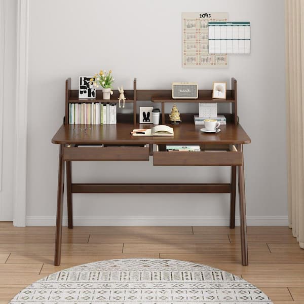 B BALANBO 2-Piece Rubber Wood Top Brown Kids Study Desk Sets with