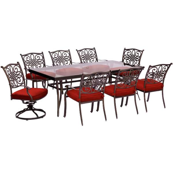 Traditions 9-Piece Aluminum Outdoor Dining Set with Rectangular Glass Table and 2 Swivel Chairs with Red Cushions