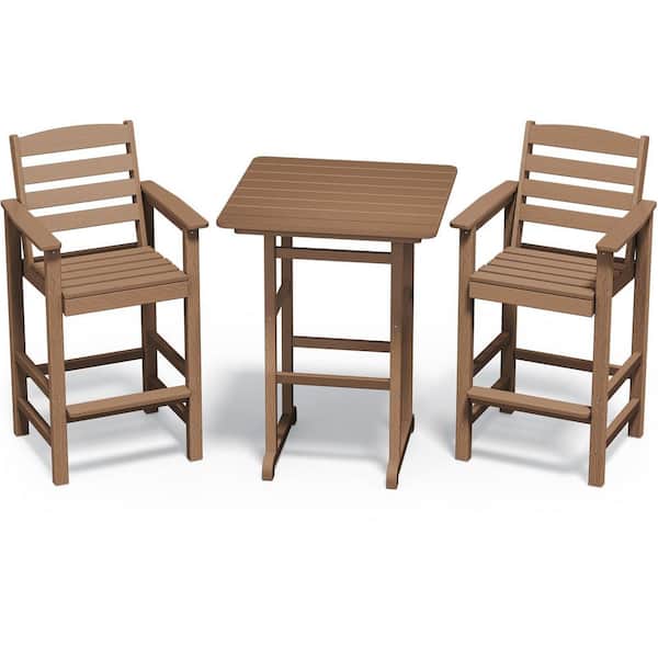 3-Piece HDPE Outdoor Patio Bar Set, Oversize Tall Adirondack Bar Chair and Table Set, Teak