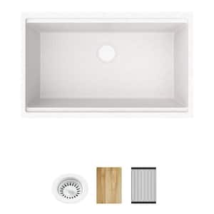 Quartz Classic 33 in. x 22 in. x 9-1/2 in. Single Bowl Undermount Workstation Sink 4-Pieces Kit White