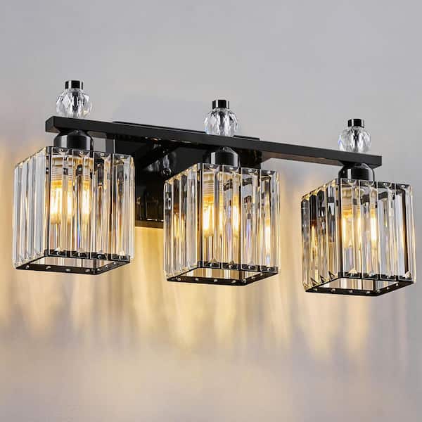 Home Lighting 18.89 in. 3-Light Black Square Modern Crystal Vanity Light Fixtures Over Mirror For Bathroom (JW-290)