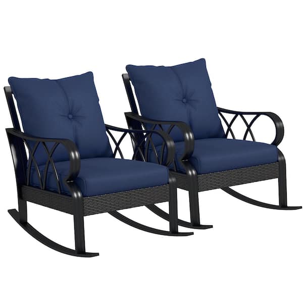 Outsunny Wicker Aluminum Outdoor Rocking Chair with Blue Cushions, Set 2