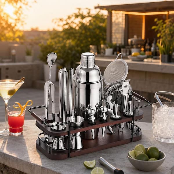 Wudkey 24-Piece Cocktail Shaker Set Bartender Kit with Stand, Martini Shaker, Jigger, Muddler for Home Bar Cocktails in Silver
