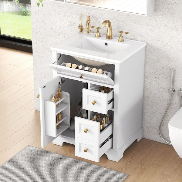 24 in. Freestanding White Solid Wood Frame Bath Vanity with White Ceramic Top, Soft-Close Door and Drawers