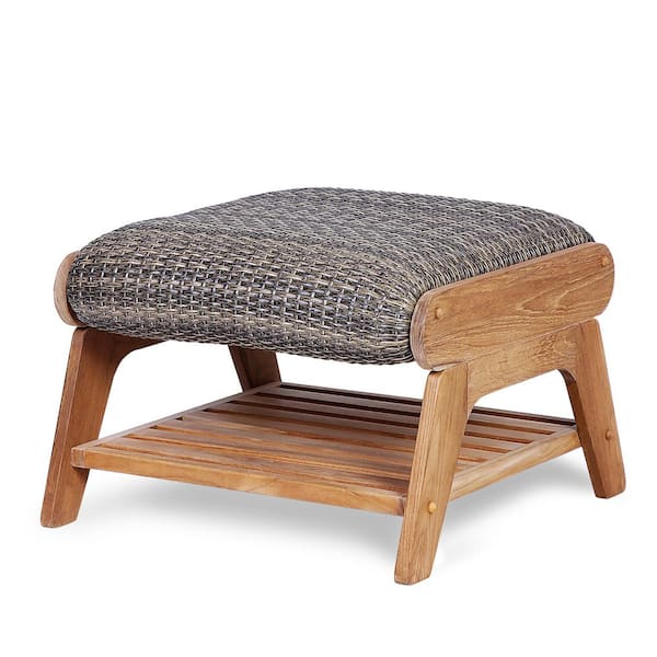Luton Unfinished Teak Wood Outdoor Ottoman with Padded Woven Seat and Patio Cover