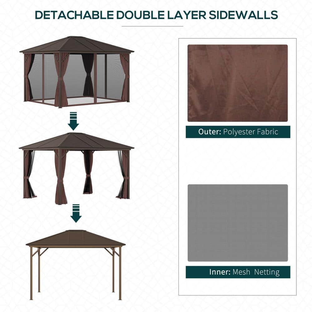 Outsunny 12' x 10' Brown Aluminum Hardtop Gazebo with Curtains