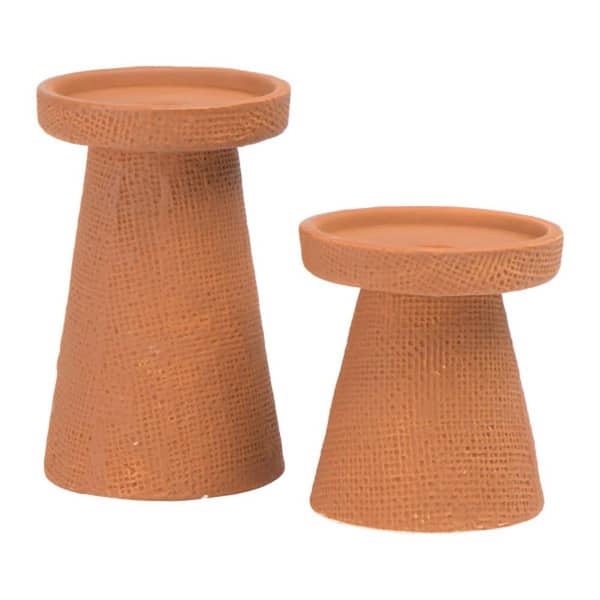 Storied Home Stoneware Pillar and Taper Candle Holders in Terracotta (Set of 2)