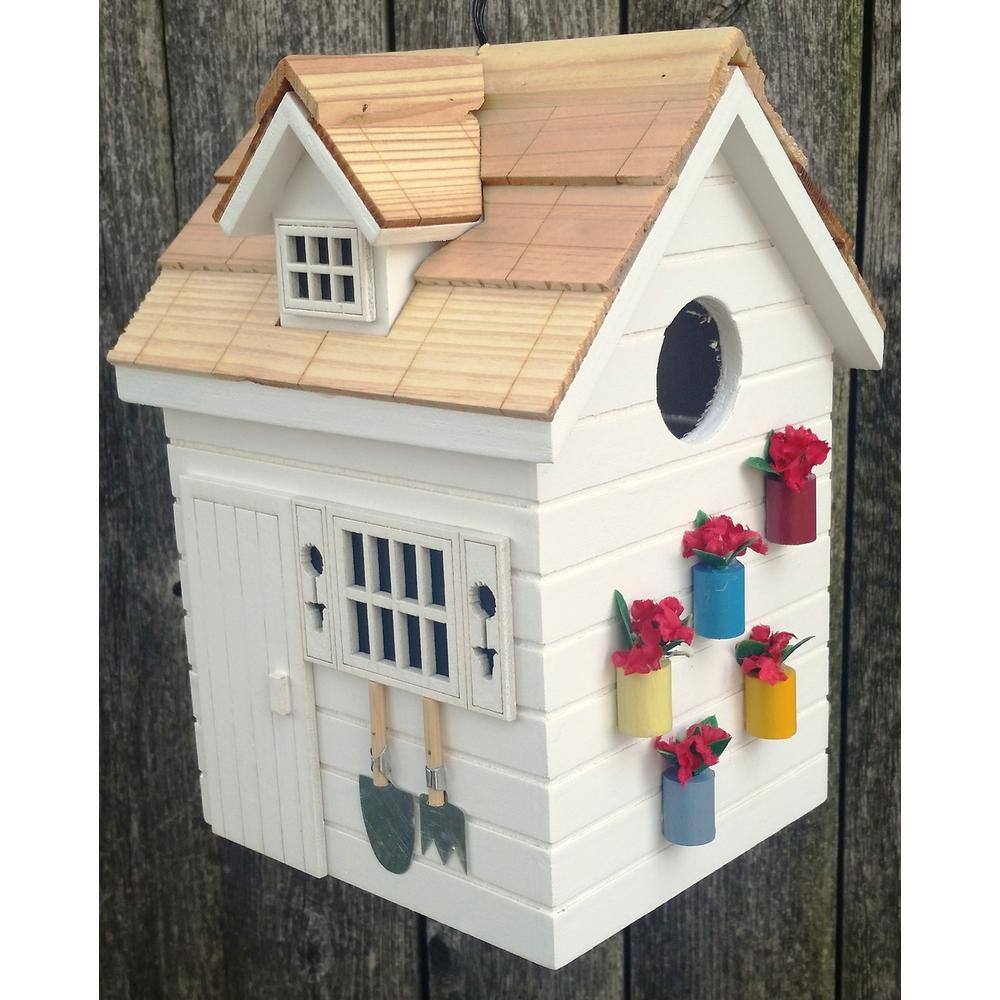 White Pine Shingle Potting Shed Birdhouse with Garden Decor