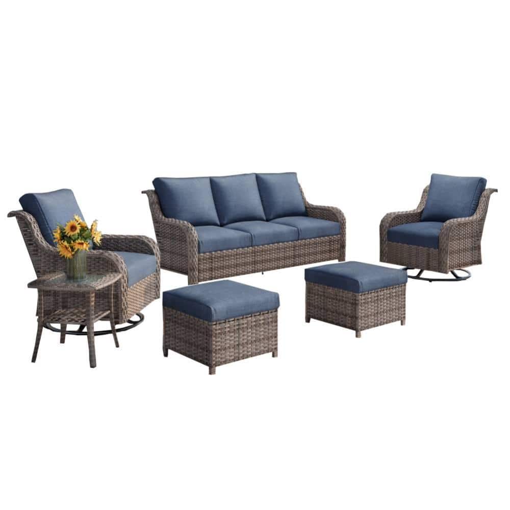 6-Piece Wicker Outdoor Conversation Patio Furniture Set with Blue Cushions price history on PriceWatchPro